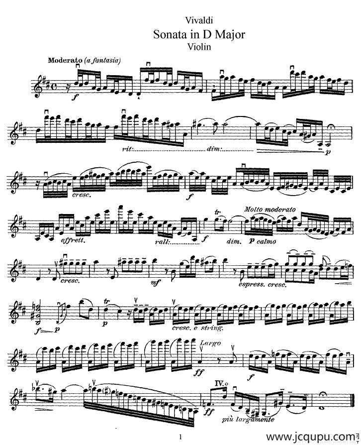 维瓦尔第D大调小提琴奏鸣曲简谱