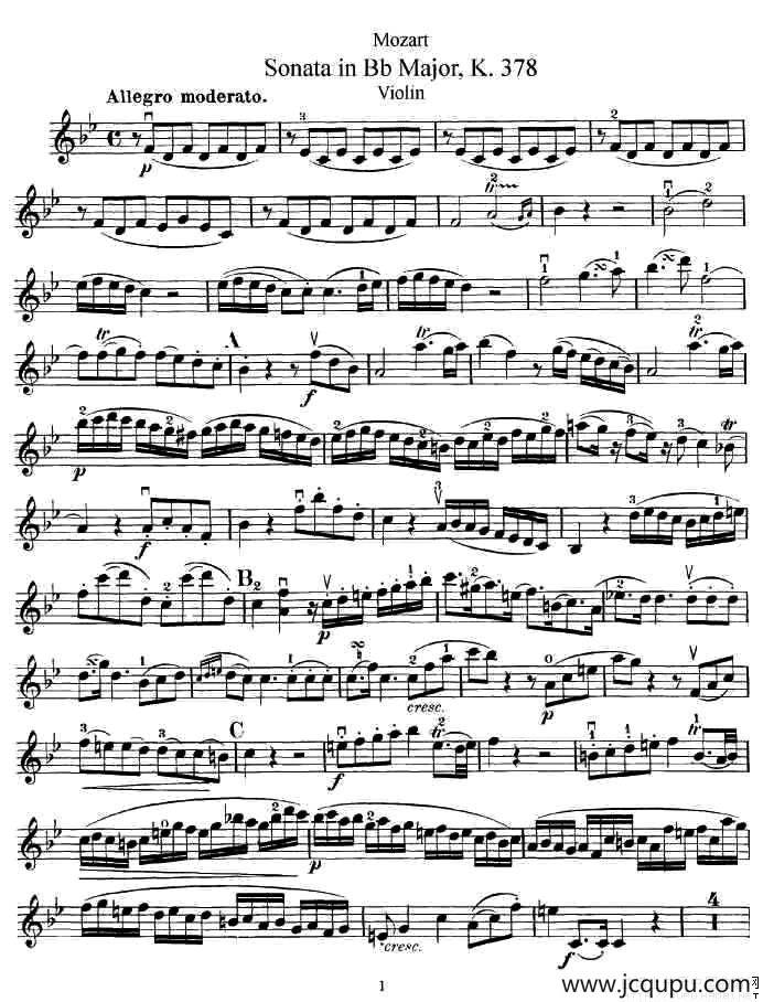 莫扎特小提琴奏鸣曲降B大调（k.378）简谱