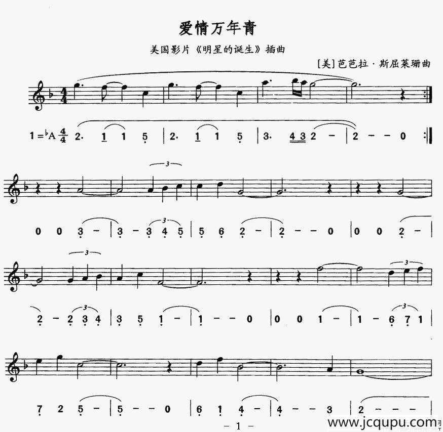爱情万年青（美国影片《明星的诞生》插曲）（线简谱对照版）简谱