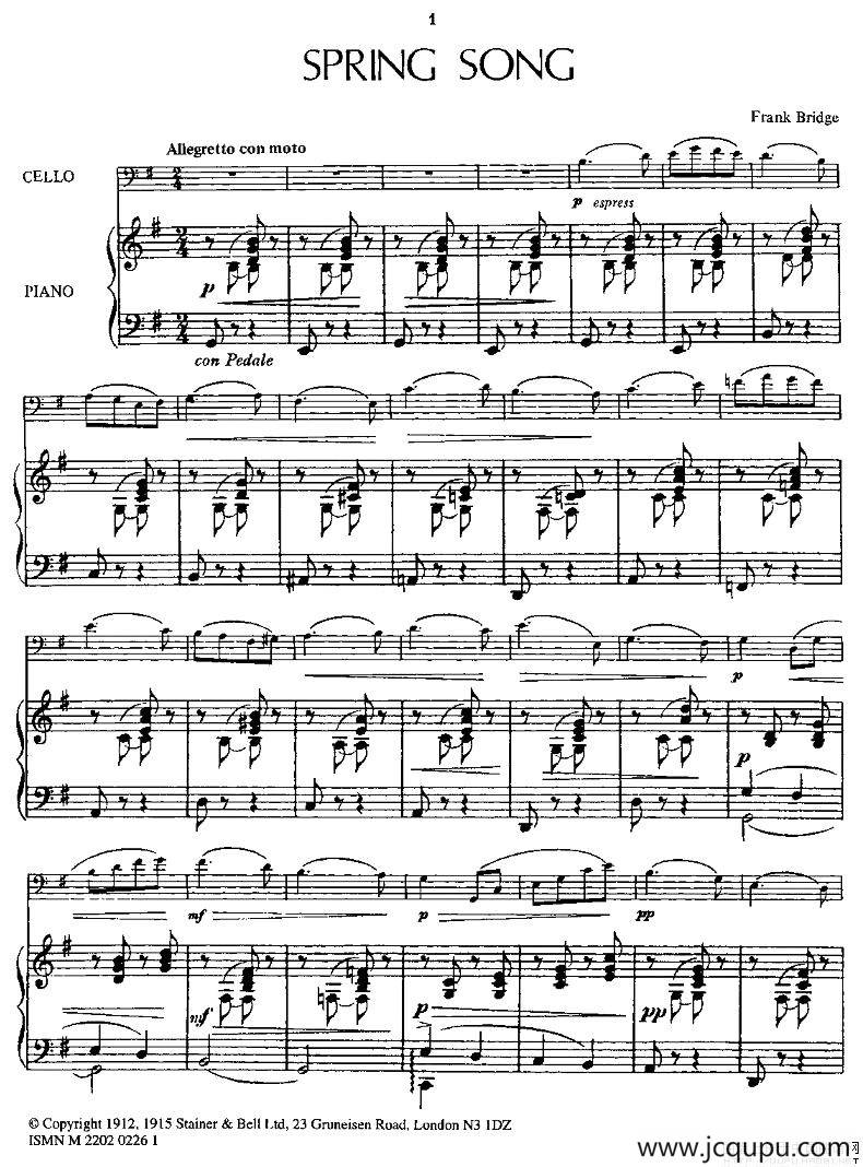 SPRING SONG - 春之歌（大提琴+钢琴）简谱