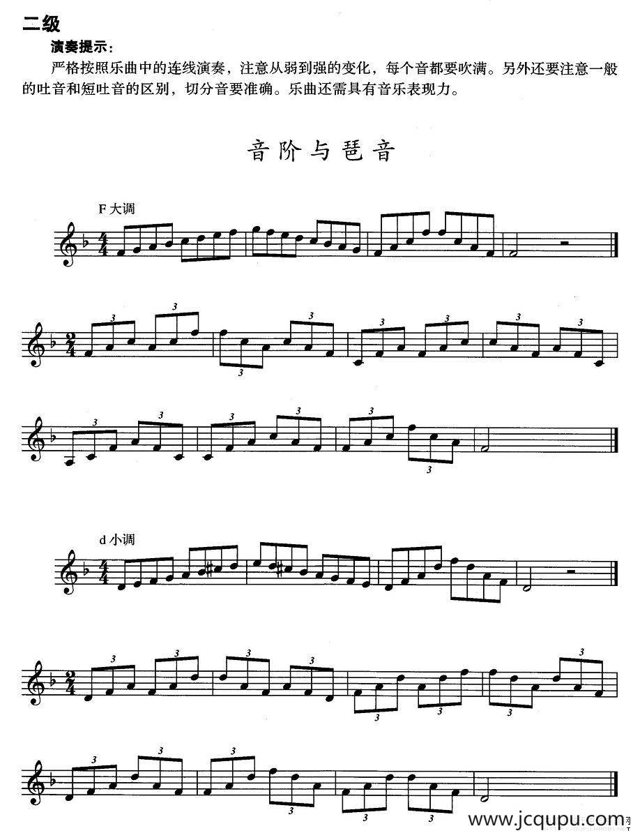 小号考级二级：音阶与琶音（F大调、d小调）简谱