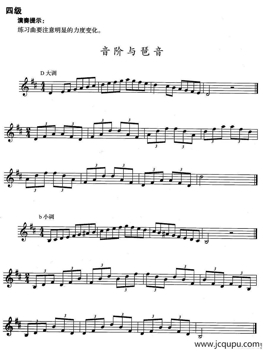 小号考级四级：音阶与琶音（D大调、b小调）简谱