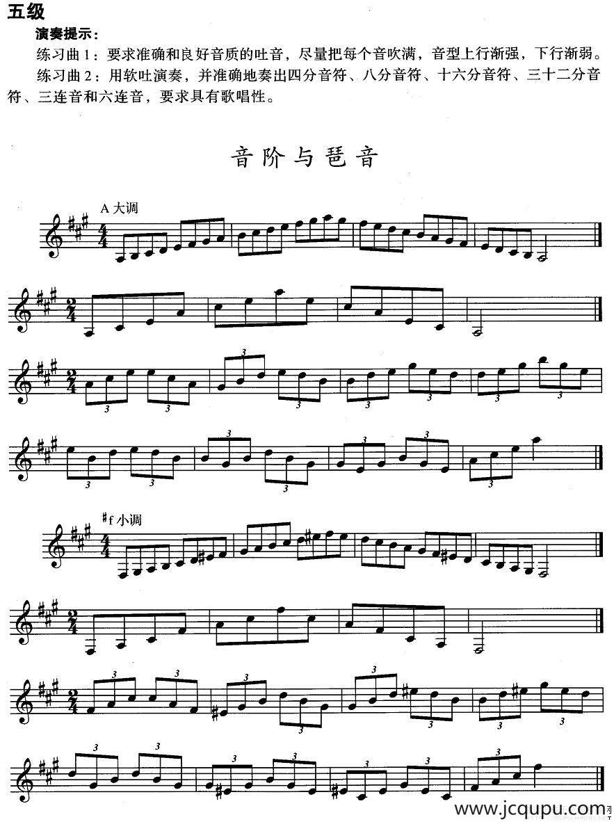 小号考级五级：音阶与琶音（A大调、#f小调）简谱