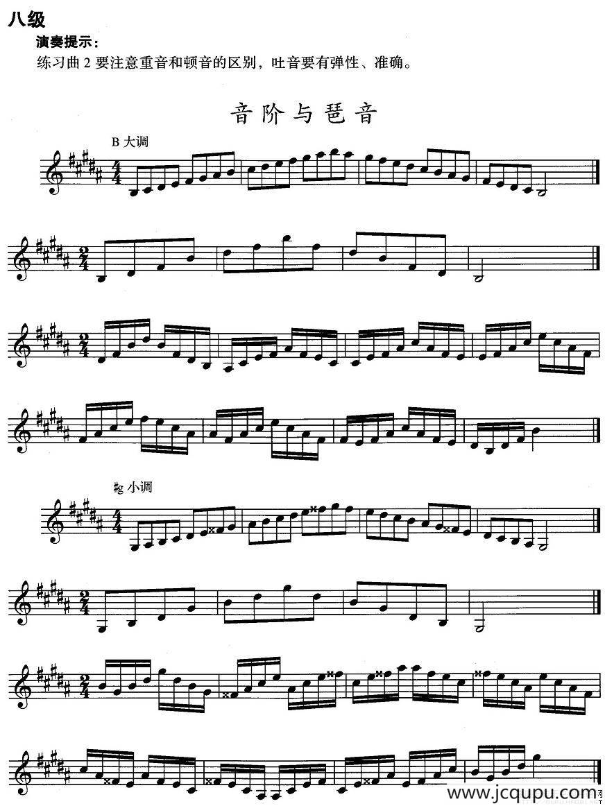 小号考级八级：音阶与琶音（B大调、#g小调）简谱