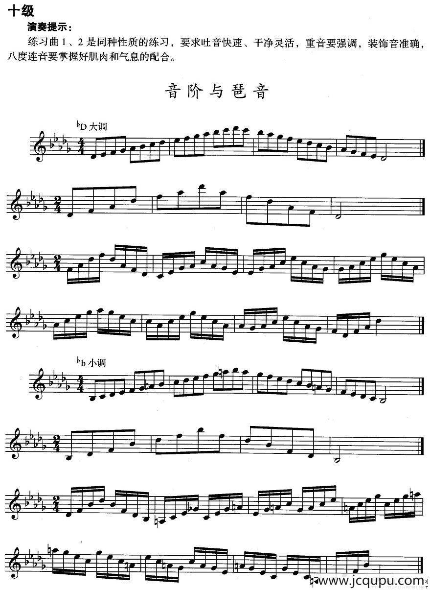小号考级十级：音阶与琶音（bD大调、bd小调）简谱