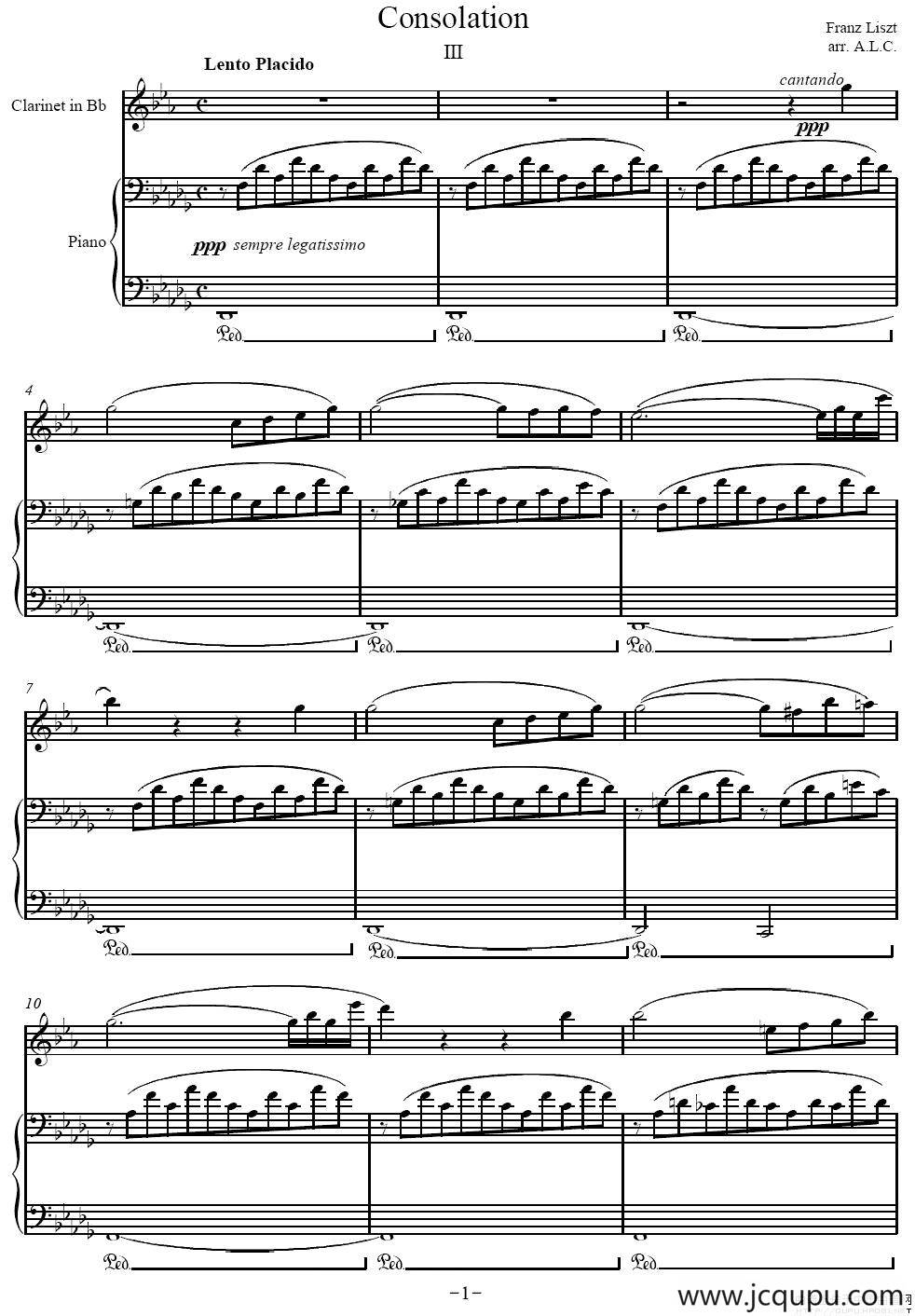 Consolation No.3 （李斯特第三安慰曲）（单簧管+钢琴伴奏）简谱