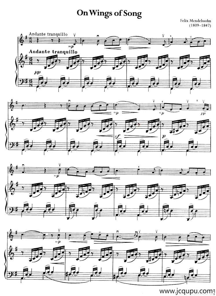 On Wings of Song（小提琴+钢琴）简谱