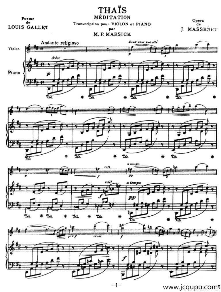 沉思（选自歌剧《泰伊思》））（ 小提琴+钢琴）简谱