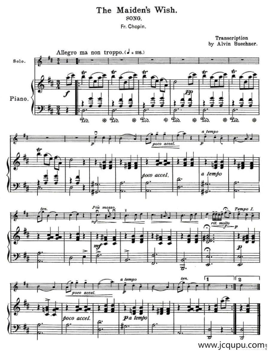 The Maiden's Wish（少女的祈祷）（大提琴+钢琴）简谱