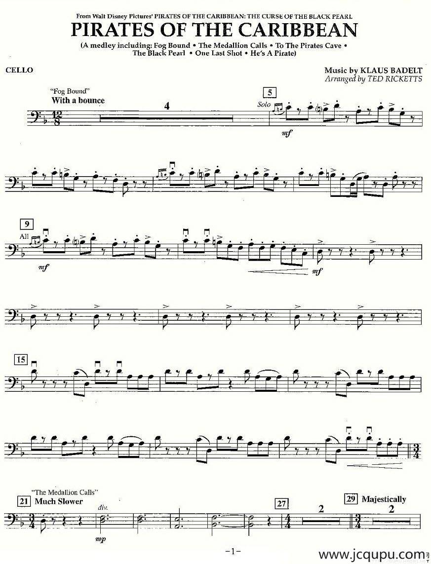 pirates of the carribean cello（加勒比海盜 [大提琴]）简谱