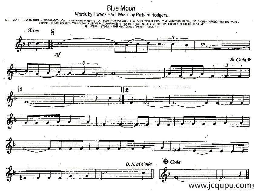 Biue Moon（蓝月亮）简谱