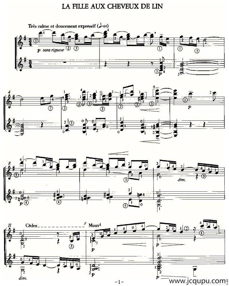 LA FILLE AUX CHEVEUX DE LIN（双吉他）简谱