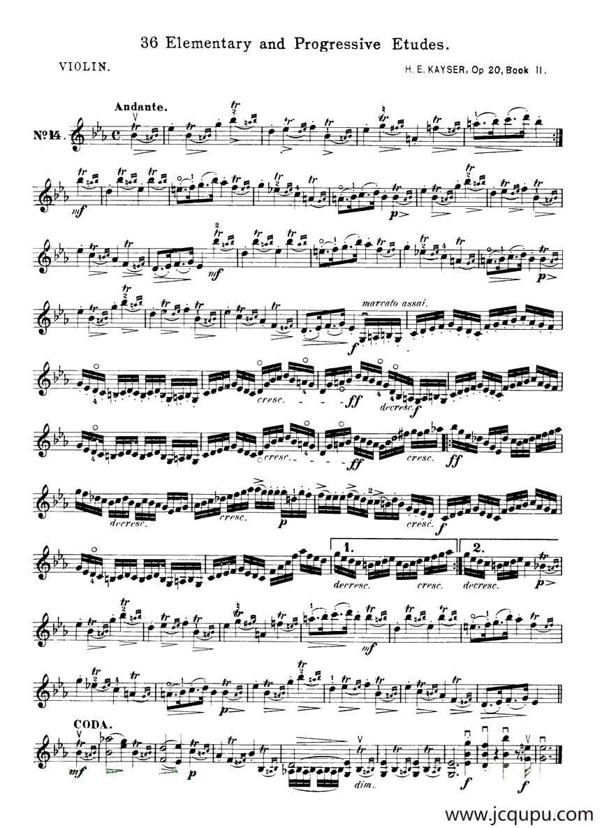开塞（KAYSER 36首小提琴练习曲之14）简谱
