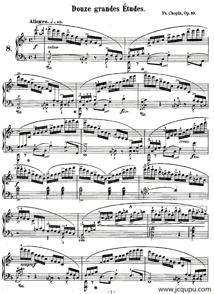 肖邦钢琴练习曲，Op.10之八简谱