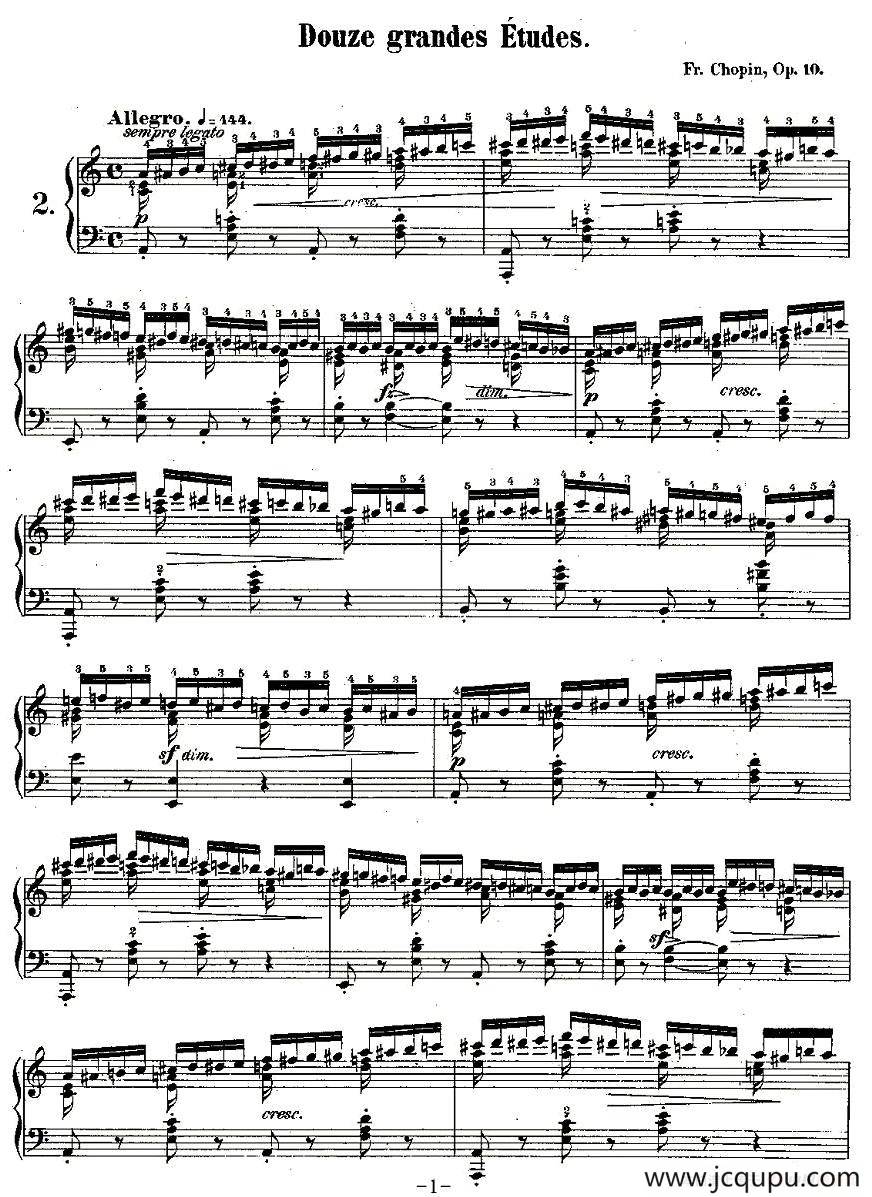 肖邦钢琴练习曲，Op.10之二简谱