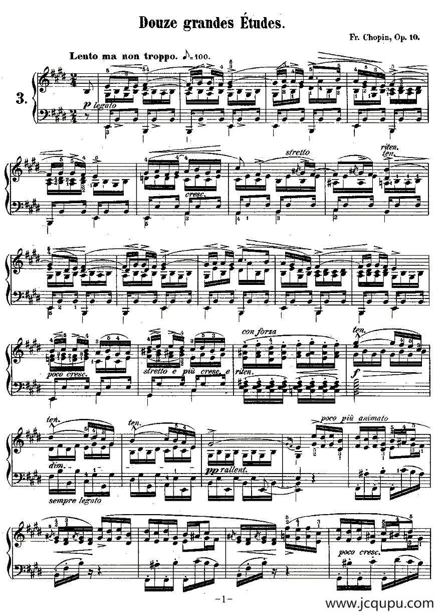 肖邦钢琴练习曲，Op.10之三简谱