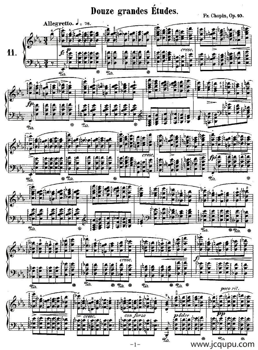 肖邦钢琴练习曲，Op.10之十一简谱