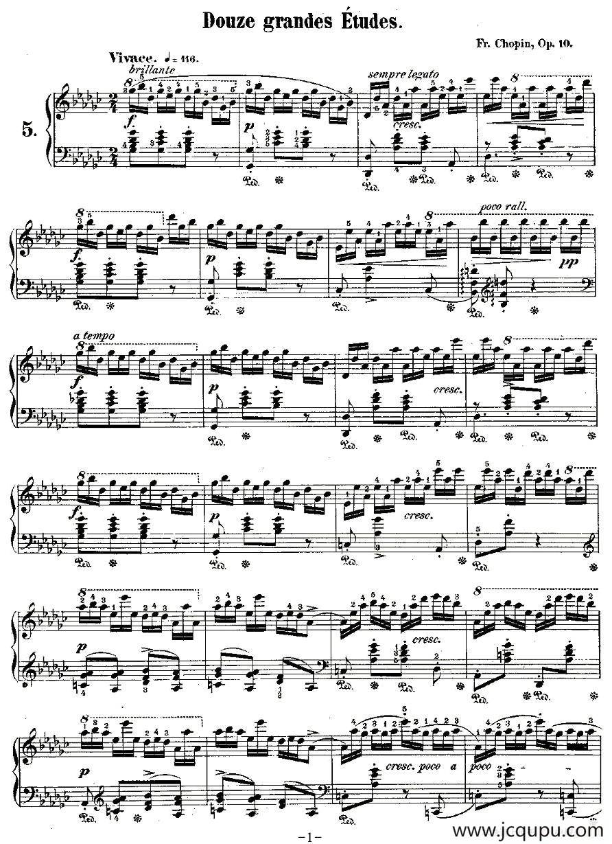 肖邦钢琴练习曲，Op.10之五简谱