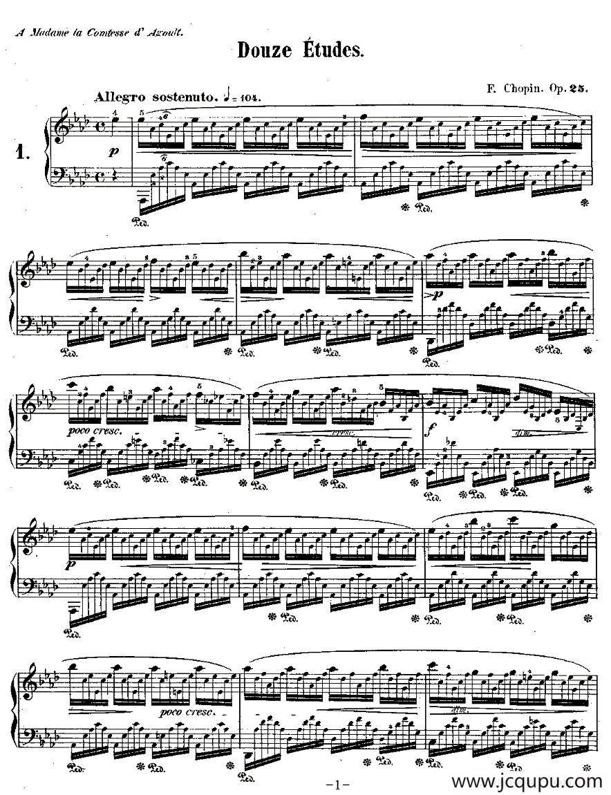 肖邦钢琴练习曲，Op.25之一简谱