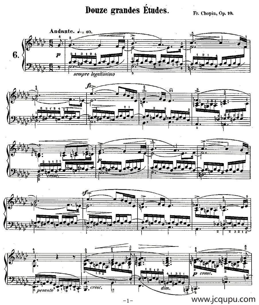肖邦钢琴练习曲，Op.10之六简谱