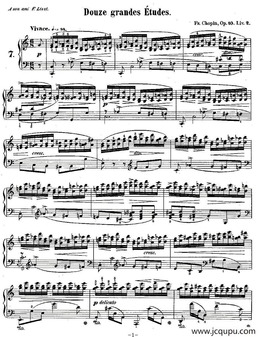 肖邦钢琴练习曲，Op.10之七简谱