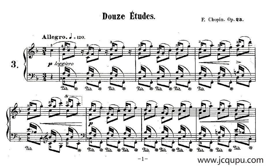 肖邦钢琴练习曲，Op.25之三简谱
