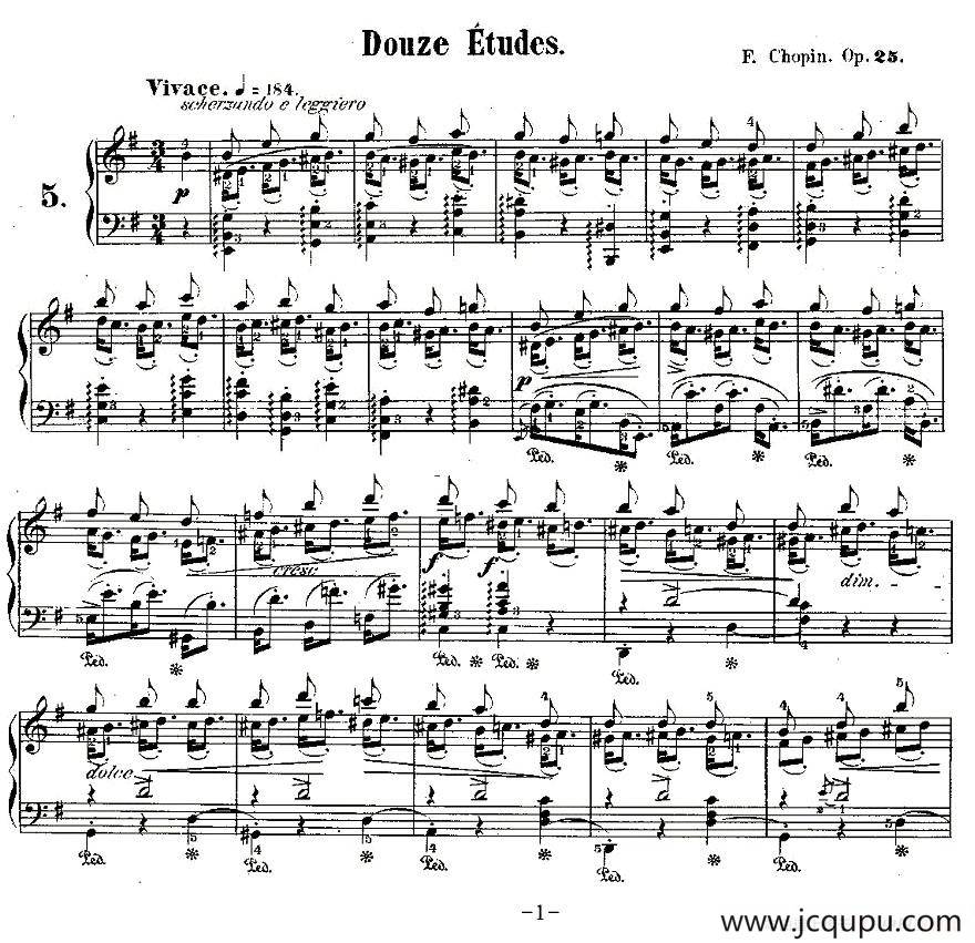 肖邦钢琴练习曲，Op.25之五简谱