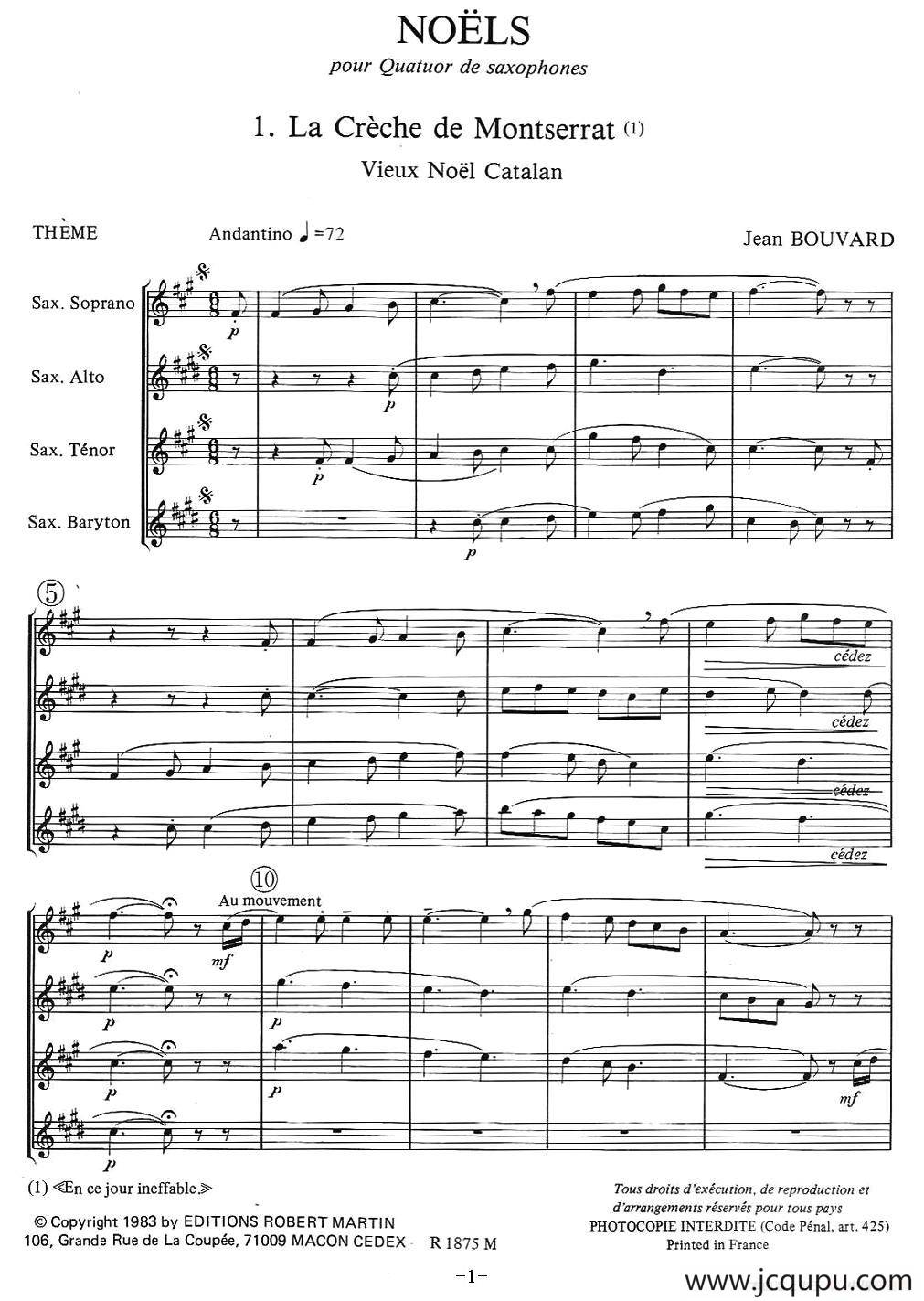 jean Bouvard 编写的6首萨克斯四重奏之一简谱