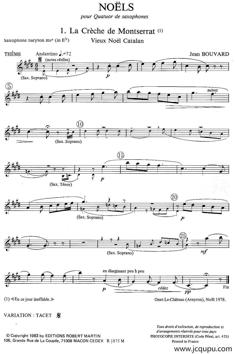 jean Bouvard 编写的6首萨克斯四重奏（低音萨克斯分谱）简谱