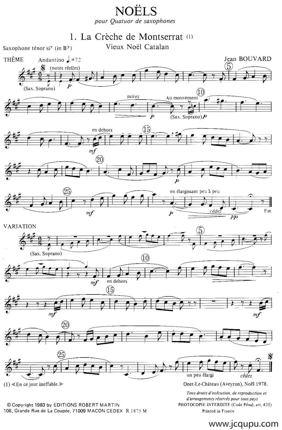 jean Bouvard 编写的6首萨克斯四重奏（次中音萨克斯分谱）简谱