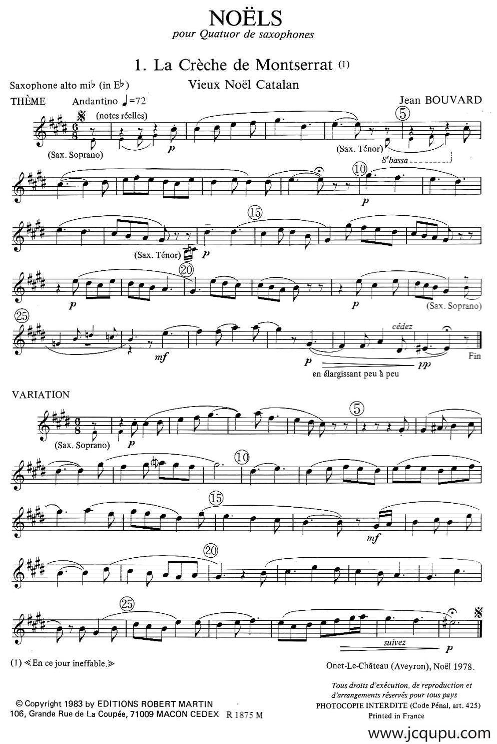 jean Bouvard 编写的6首萨克斯四重奏（中音萨克斯分谱）简谱