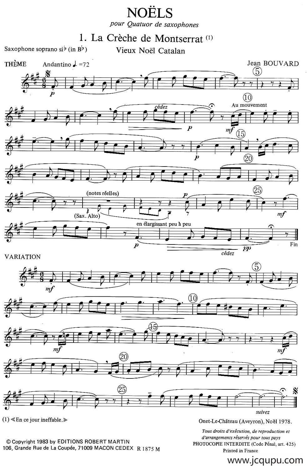 jean Bouvard 编写的6首萨克斯四重奏（高音萨克斯分谱）简谱