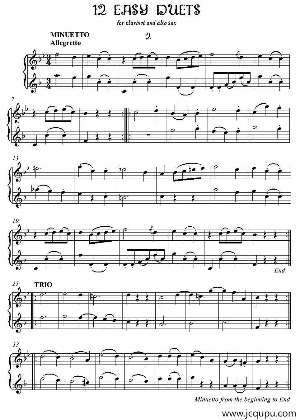 12首单簧管萨克斯重奏之二简谱