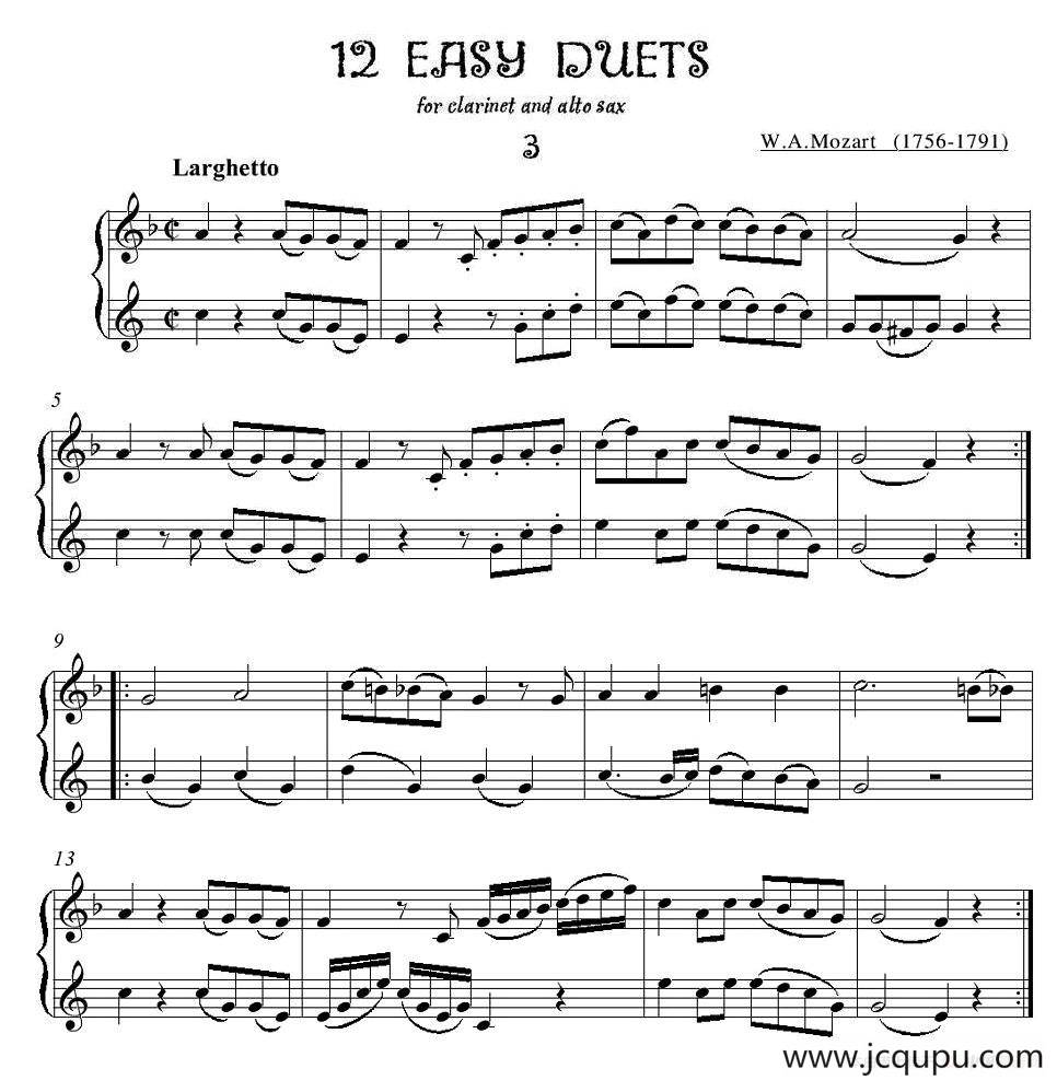 12首单簧管萨克斯重奏之三简谱