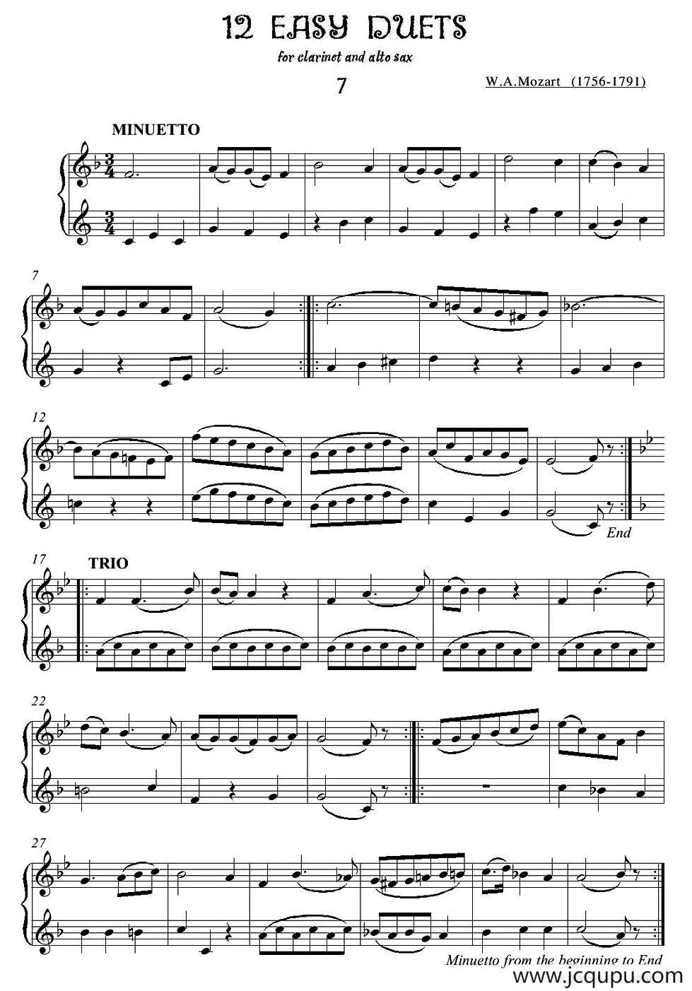 12首单簧管萨克斯重奏之七简谱