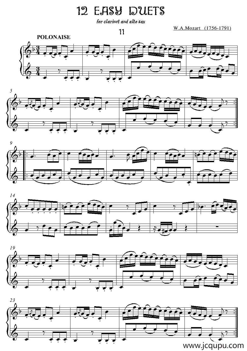 12首单簧管萨克斯重奏之十一简谱