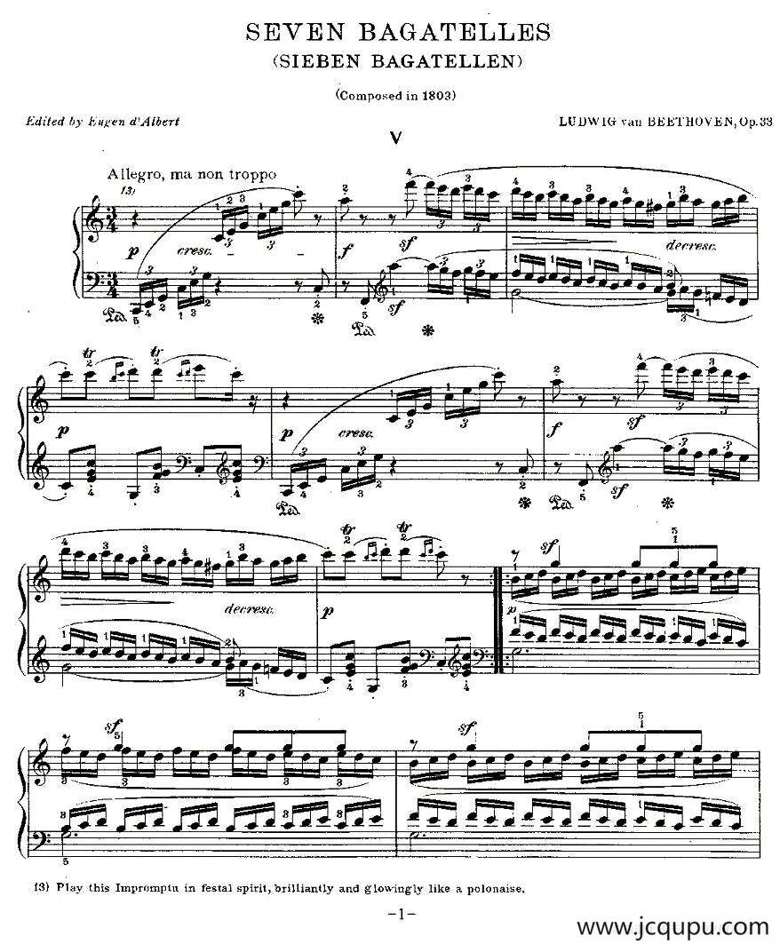 贝多芬钢琴小品（Bagatelles）（Op.33 之5）简谱