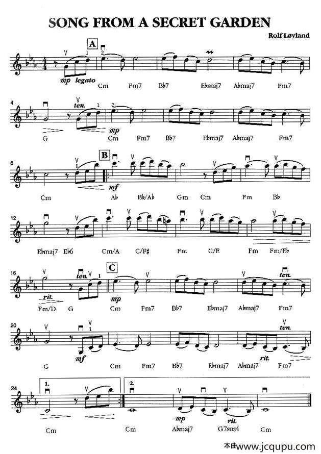 SONG FROM A SECRET GARDEN（神秘花园）简谱