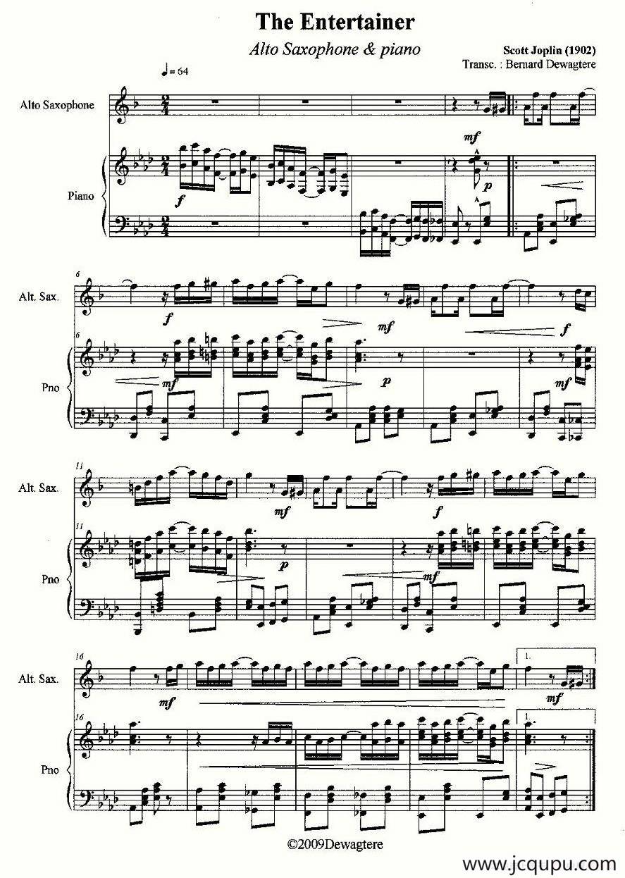 The Entertainer（中音萨克斯+钢琴伴奏）简谱