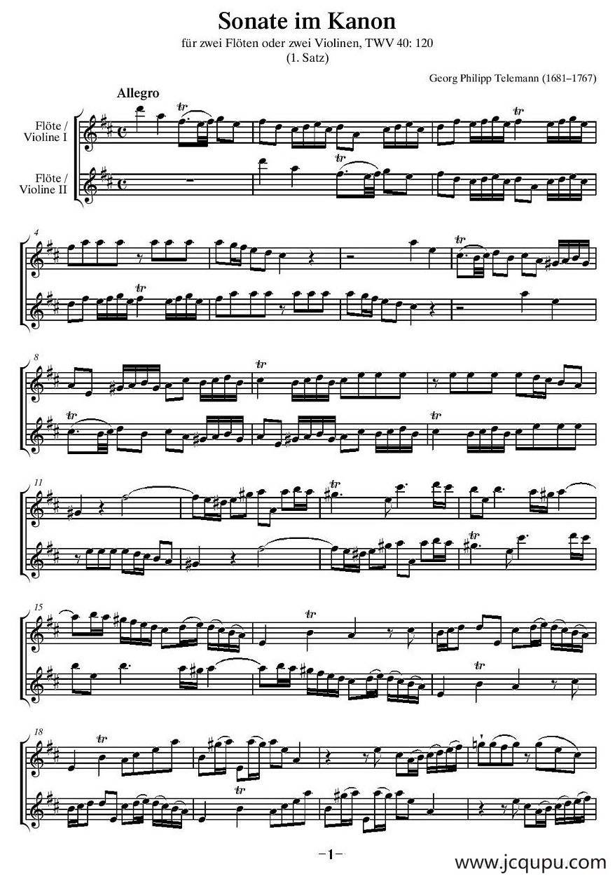 卡农奏鸣曲（二重奏）简谱