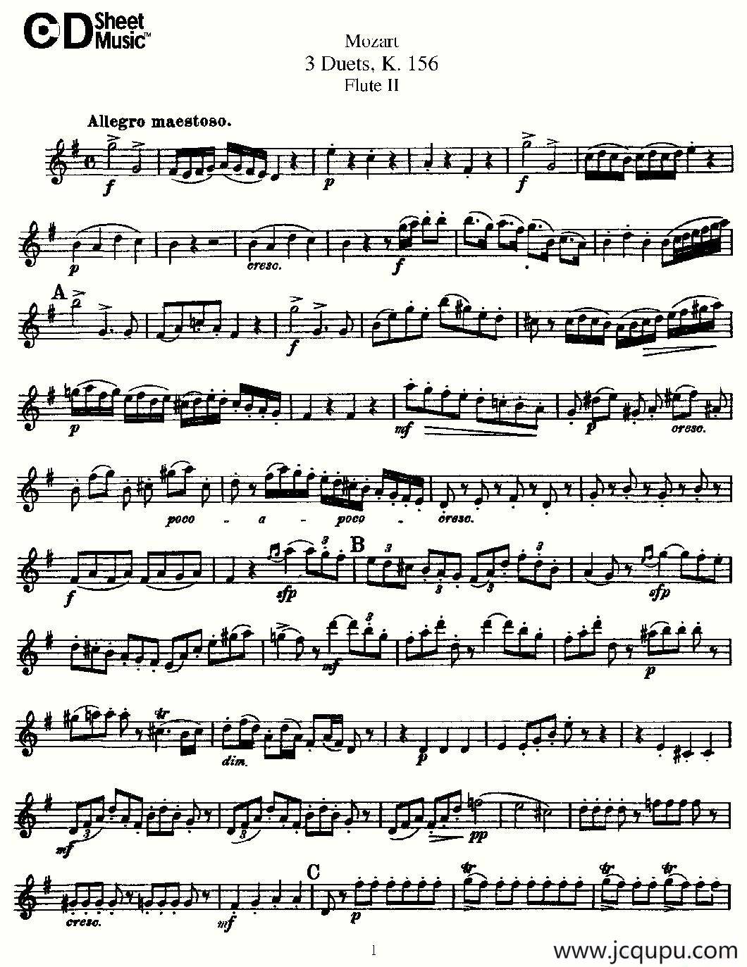 3 Duets K.156 之第二长笛（二重奏三首 K156号）简谱