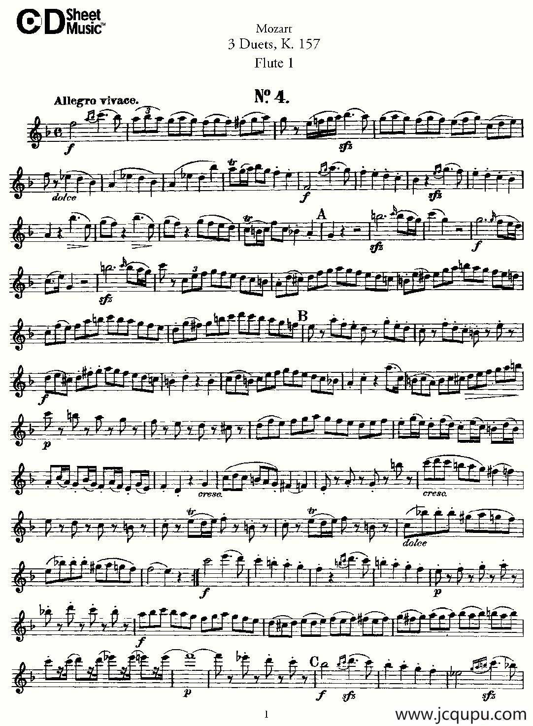 3 Duets K.157 之第一长笛（二重奏三首 K157号）简谱