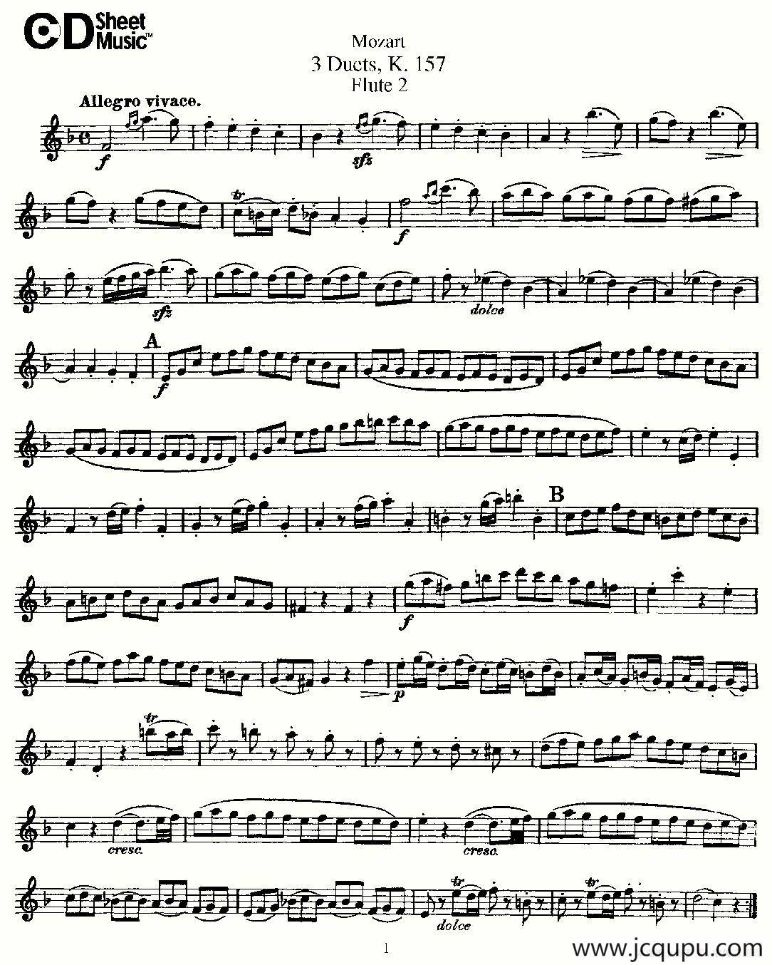 3 Duets K.157 之第二长笛（二重奏三首 K157号）简谱