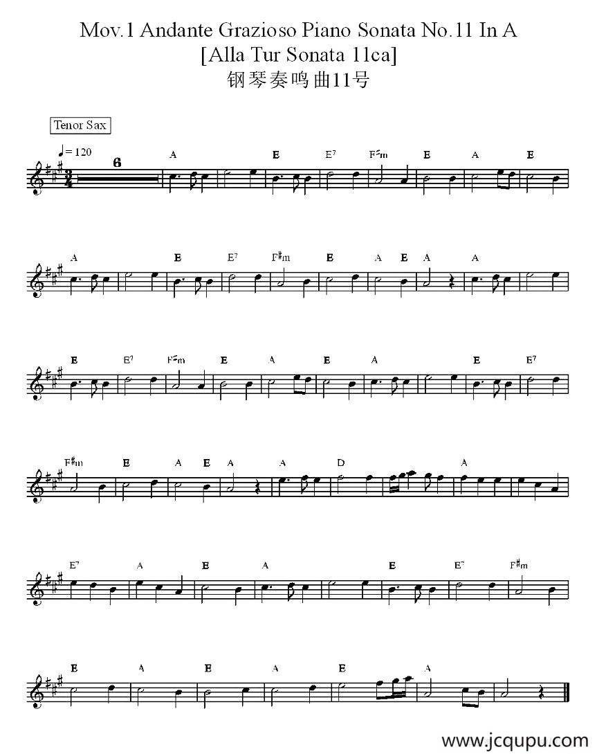 Mov.1 Andante Grazioso Piano Sonata No.11 IN A（钢琴奏鸣曲11号）简谱