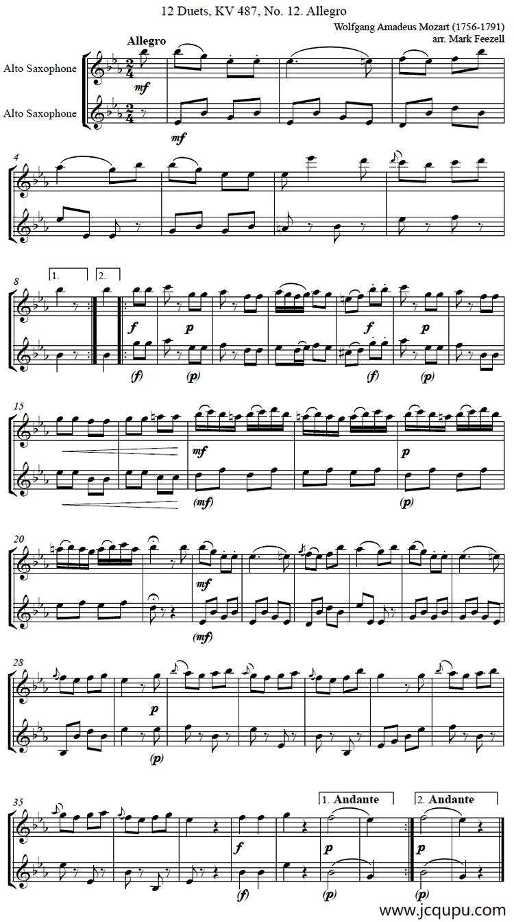 Wolfgang Amadeus Mozart - 中音萨克斯二重奏一首简谱