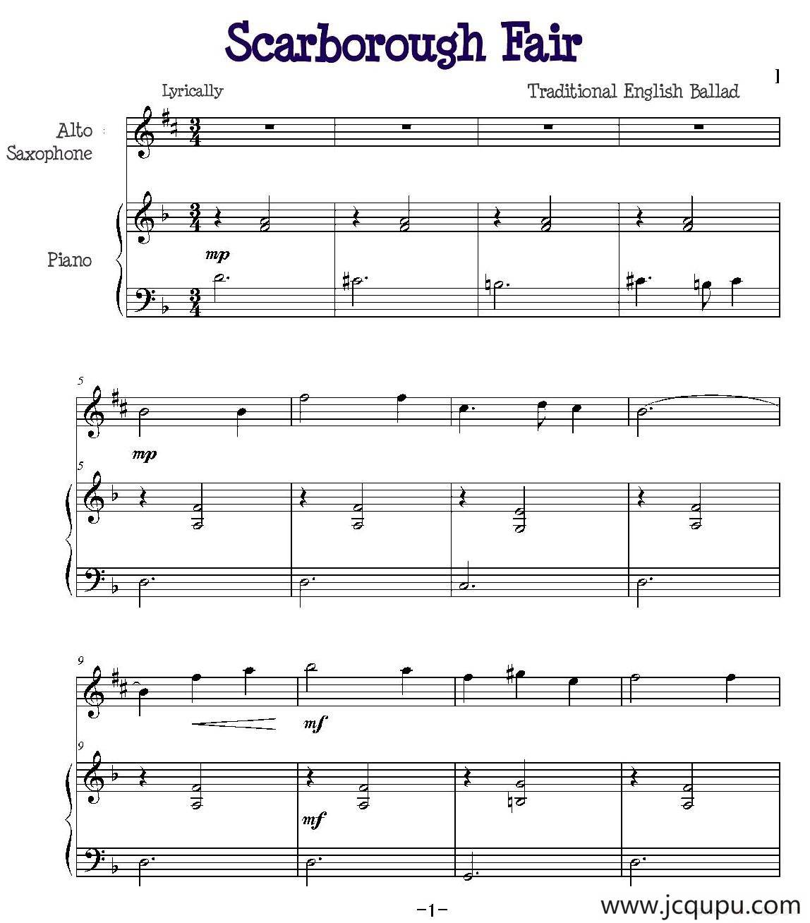 Scarborough Fair（斯卡保罗集市）（中英萨克斯+钢琴伴奏）简谱