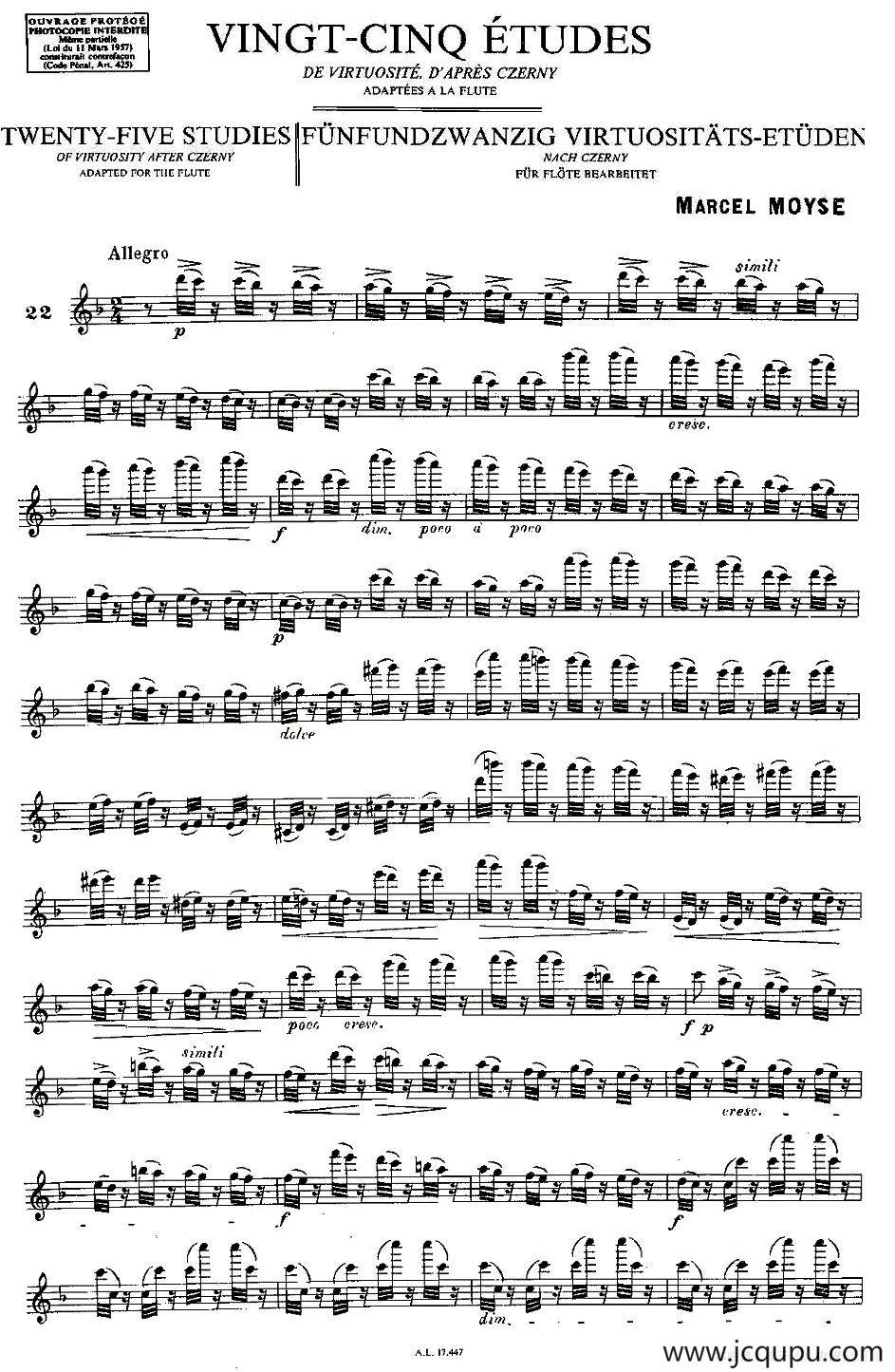 Moyse - 25 Studies after Czerny flute 之22（25首改编自车尔尼作品的练习曲）简谱