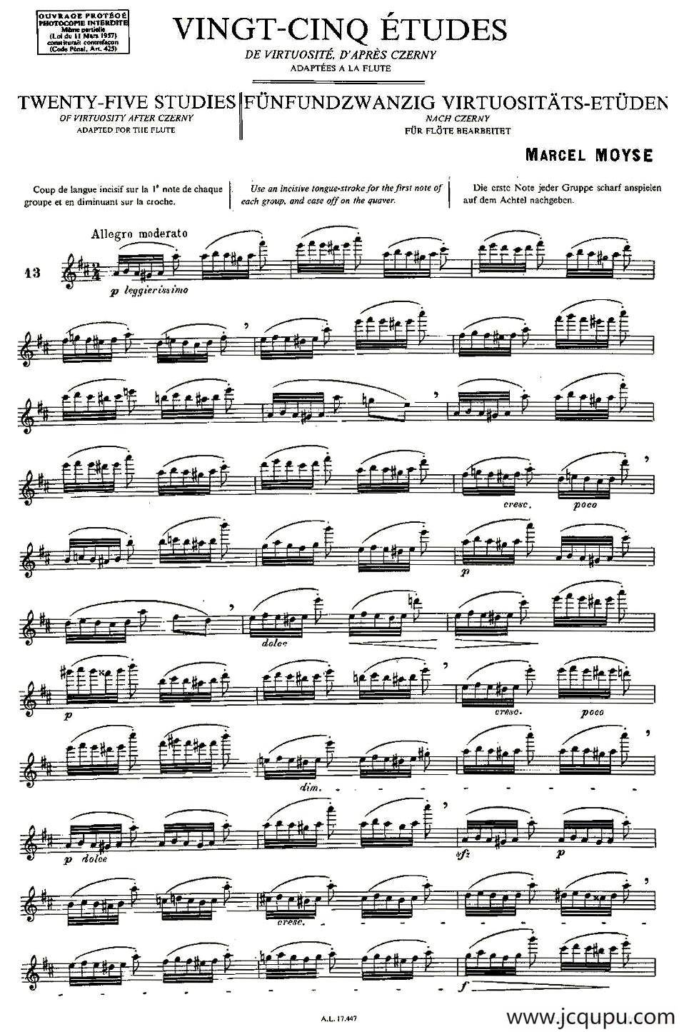 Moyse - 25 Studies after Czerny flute 之13（25首改编自车尔尼作品的练习曲）简谱