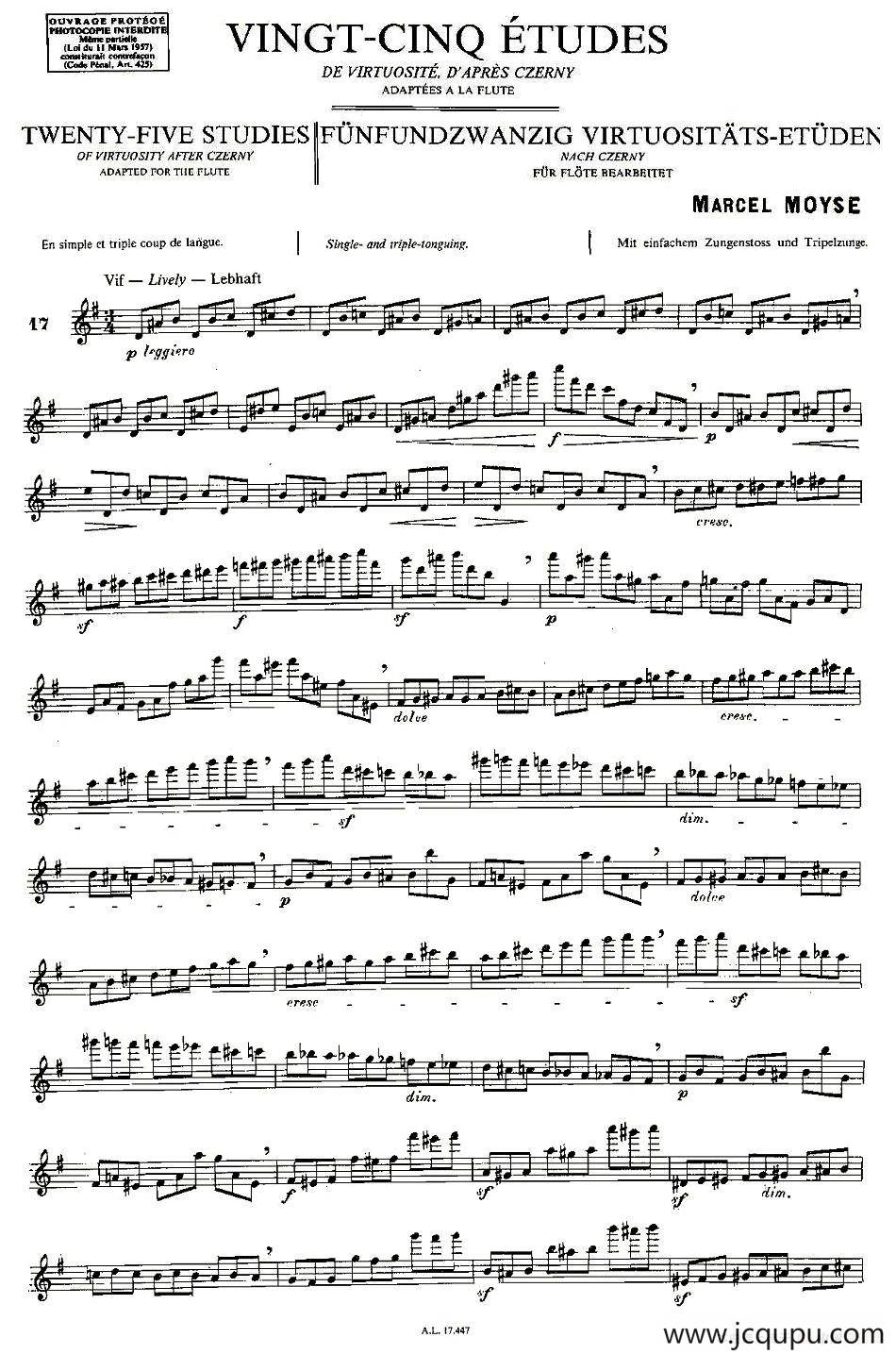 Moyse - 25 Studies after Czerny flute 之17（25首改编自车尔尼作品的练习曲）简谱