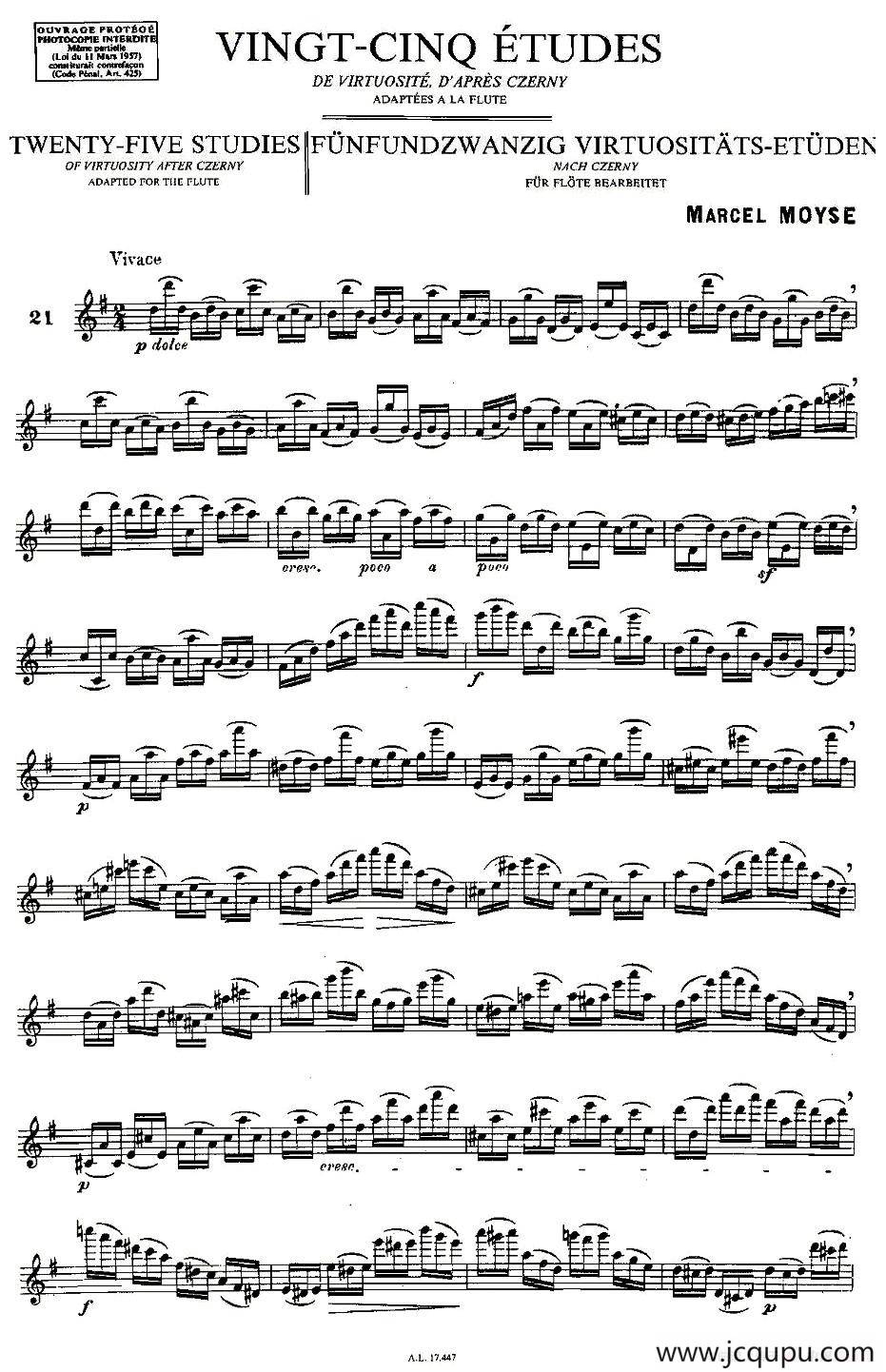 Moyse - 25 Studies after Czerny flute 之21（25首改编自车尔尼作品的练习曲）简谱